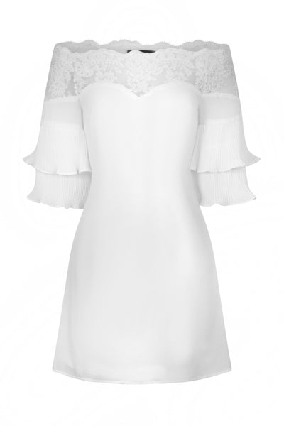 Get Flirty White Off Shoulder Ruffle & Frill Lace Bardot Dress