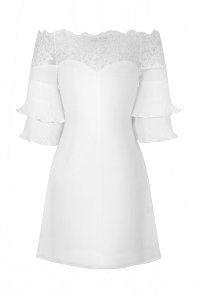 Get Flirty White Off Shoulder Ruffle & Frill Lace Bardot Dress