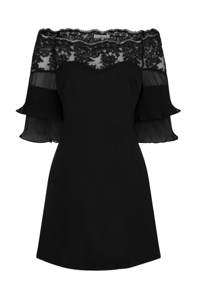 Get Flirty Black Off Shoulder Ruffle & Frill Lace Bardot Dress