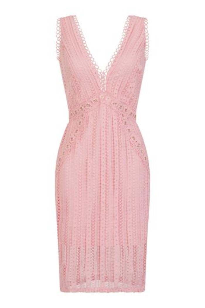 Rio Blush Pink Plunge Crochet Rivet Bodycon Midi Dress