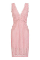 Rio Blush Pink Plunge Crochet Rivet Bodycon Midi Dress