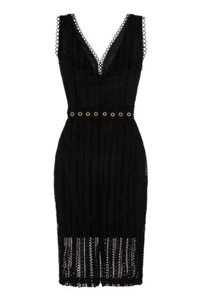 Rio Black Plunge Crochet Rivet Bodycon Midi Dress