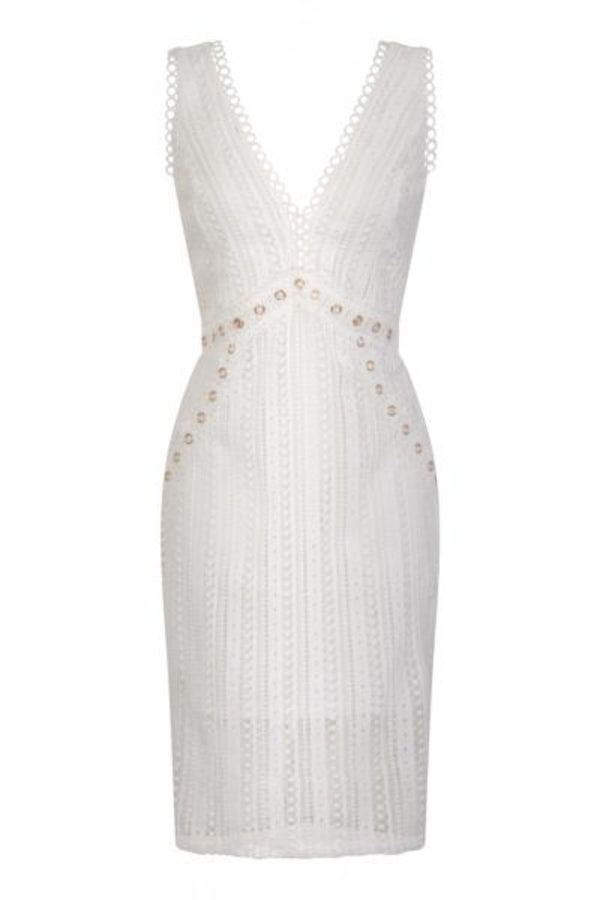 Rio White Plunge Crochet Rivet Bodycon Midi Dress