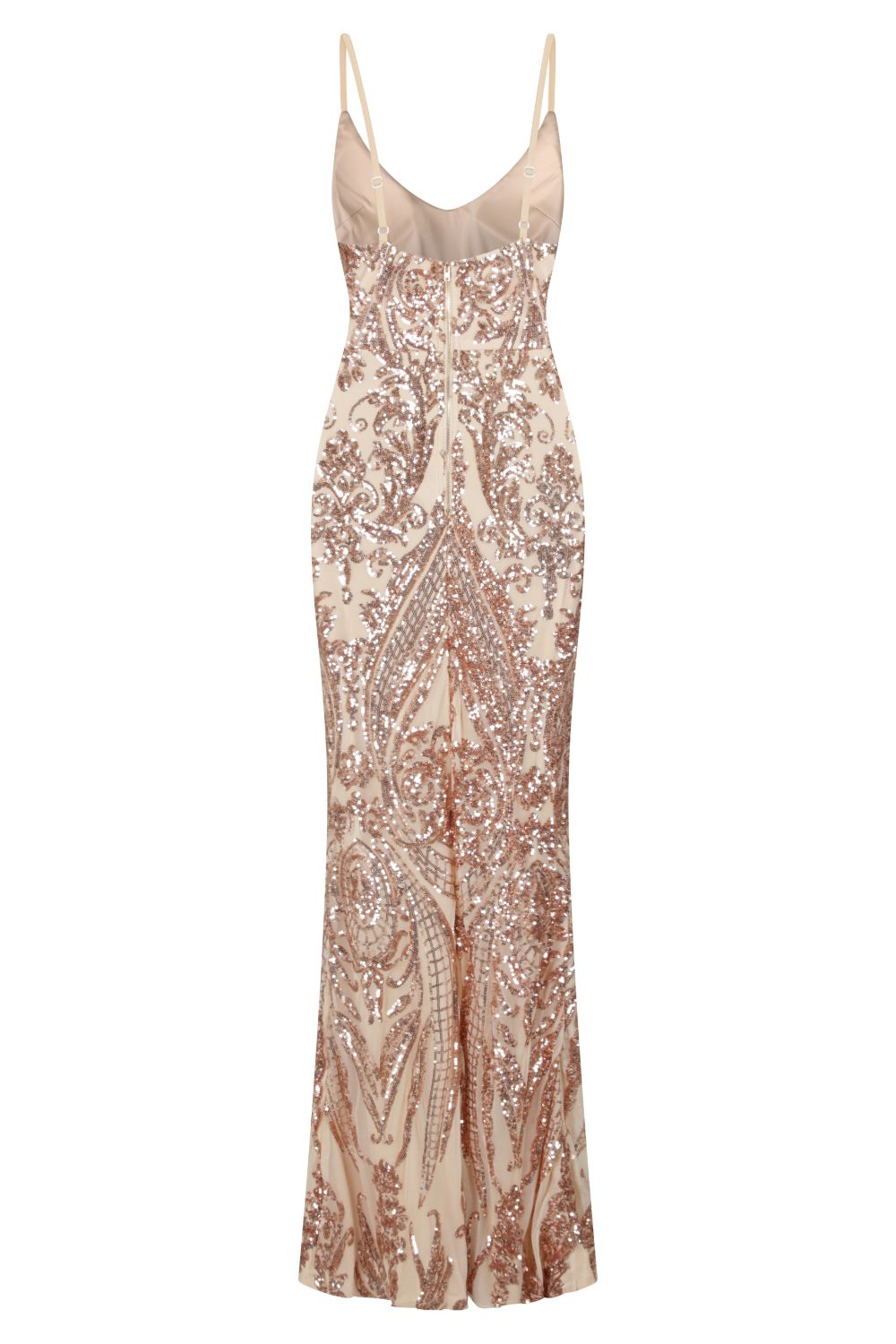Outshine Vip Rose Gold Nude Sequin Illusion Slit Maxi Dress