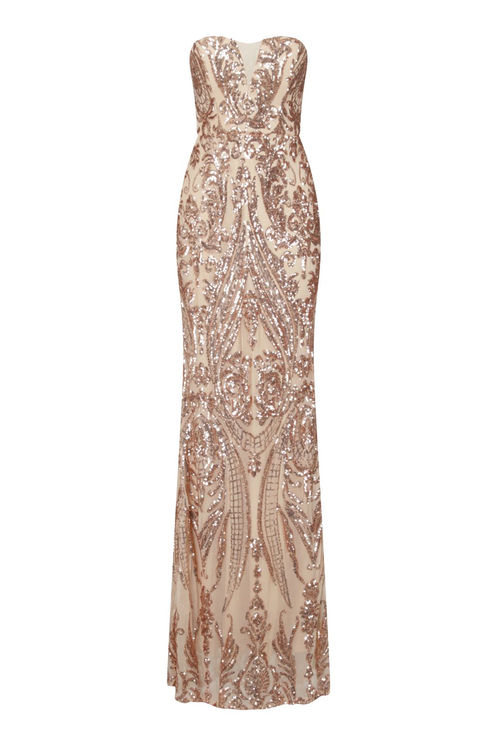 Kingdom Gold Luxe Sweetheart Mesh Plunge Sequin Fishtail Maxi Dress