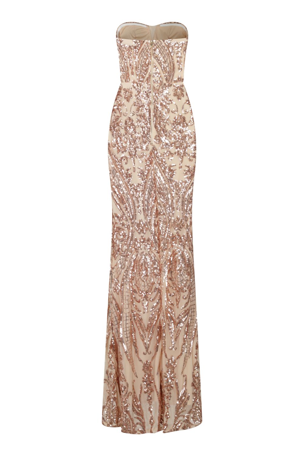 Kingdom Gold Luxe Sweetheart Mesh Plunge Sequin Fishtail Maxi Dress