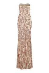 Kingdom Gold Luxe Sweetheart Mesh Plunge Sequin Fishtail Maxi Dress