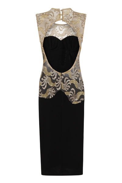 Divine Sparkle Black Slinky Backless Midi Dress