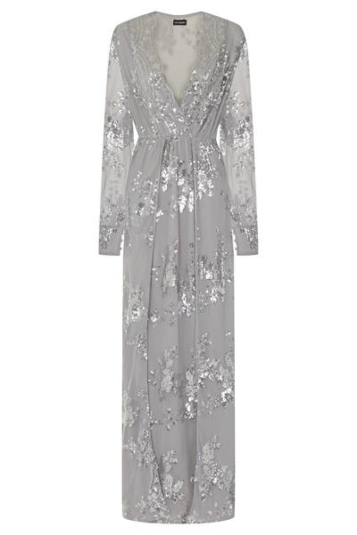 Clara Silver Plunge Long Sleeve Floral Sequin Double Slit Dress