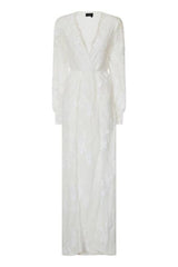 Clara White Plunge Long Sleeve Floral Sequin Double Slit Dress