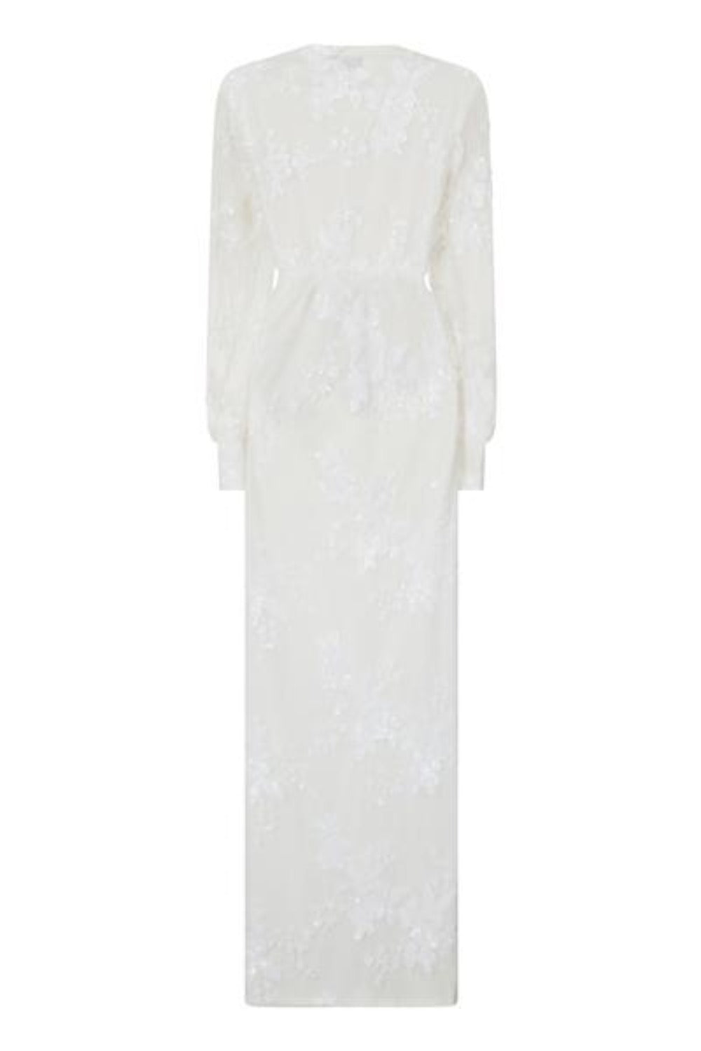 Clara White Plunge Long Sleeve Floral Sequin Double Slit Dress