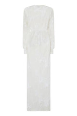 Clara White Plunge Long Sleeve Floral Sequin Double Slit Dress