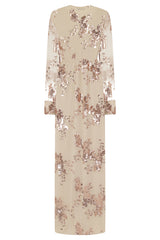 Clara Rose Gold Plunge Long Sleeve Floral Sequin Double Slit Dress