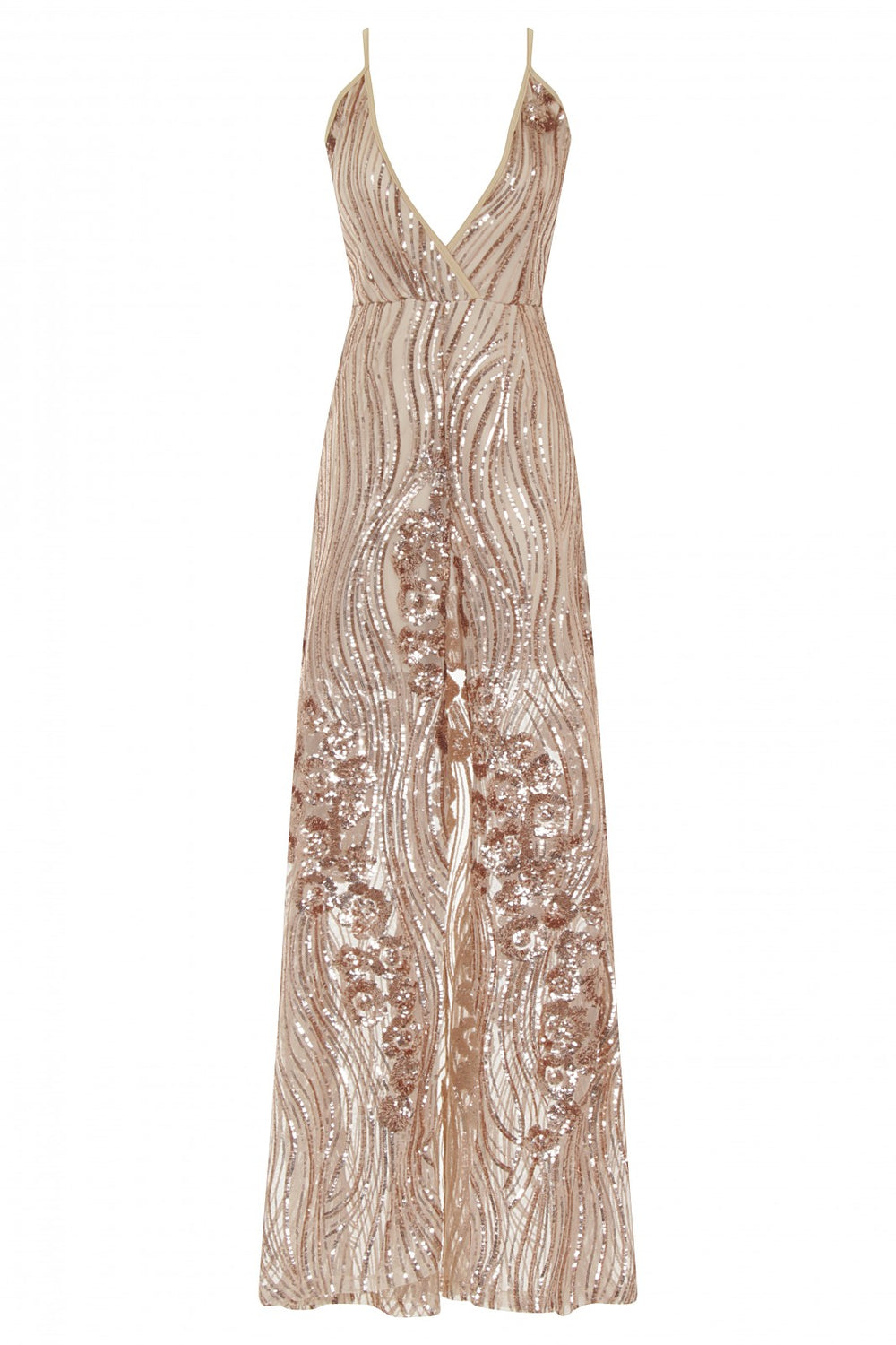 Amor Rose Gold Sheer Shimmer Floral Sequin Slit Maxi Dress