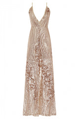 Amor Rose Gold Sheer Shimmer Floral Sequin Slit Maxi Dress