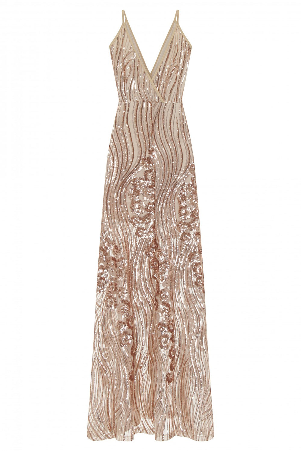 Amor Rose Gold Sheer Shimmer Floral Sequin Slit Maxi Dress