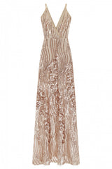 Amor Rose Gold Sheer Shimmer Floral Sequin Slit Maxi Dress