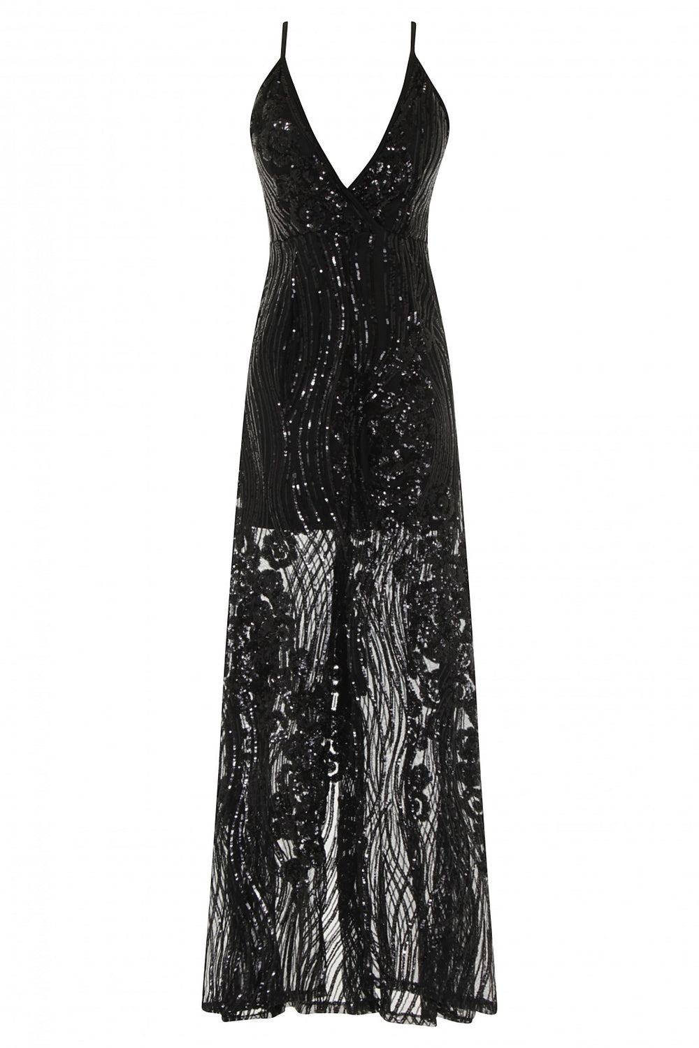Amor Black Sheer Shimmer Floral Sequin Slit Maxi Dress