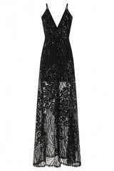 Amor Black Sheer Shimmer Floral Sequin Slit Maxi Dress