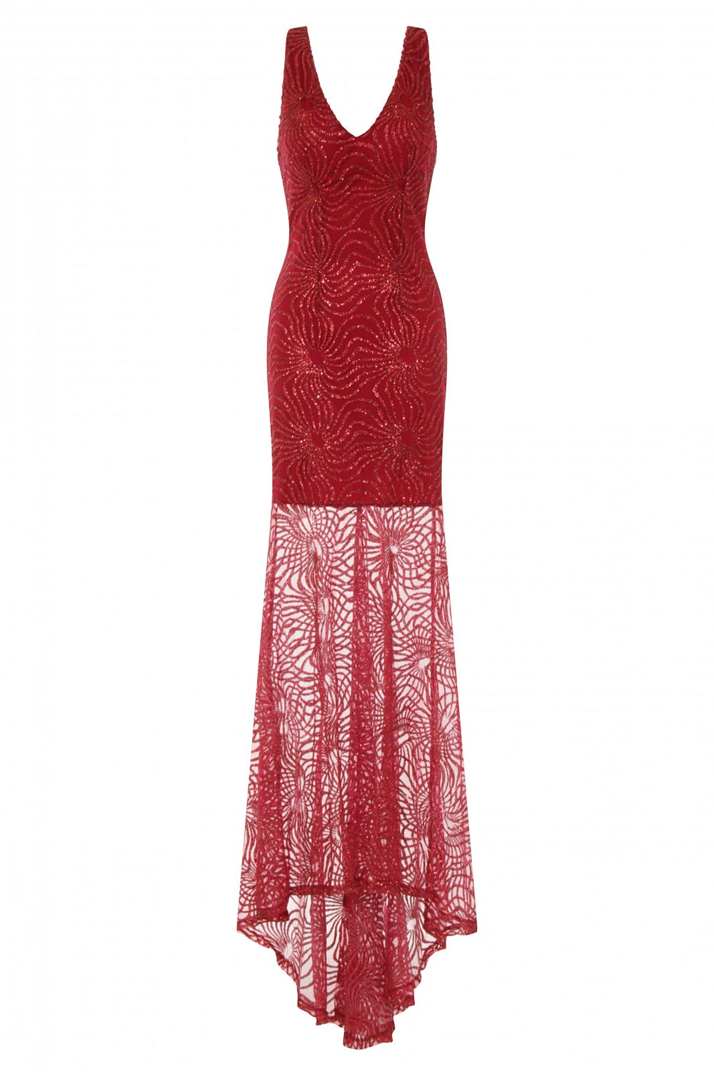 Ivana Burgundy Plunge Sheer Glimmer Fishtail Dress