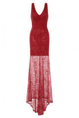 Ivana Burgundy Plunge Sheer Glimmer Fishtail Dress