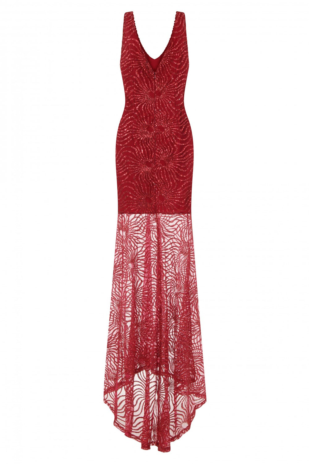 Ivana Burgundy Plunge Sheer Glimmer Fishtail Dress