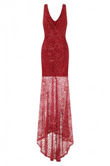 Ivana Burgundy Plunge Sheer Glimmer Fishtail Dress