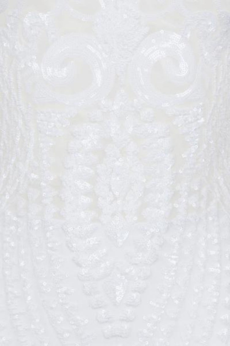 Mimi Pearl White Luxe Sequin Embellished Transparent Midi Dress
