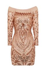 Iliana Rose Gold Luxe Sequin Embellished Off The Shoulder Dress