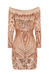 Iliana Rose Gold Luxe Sequin Embellished Off The Shoulder Dress