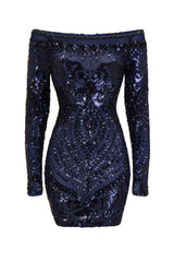 Iliana Navy Luxe Sequin Embellished Off The Shoulder Dress