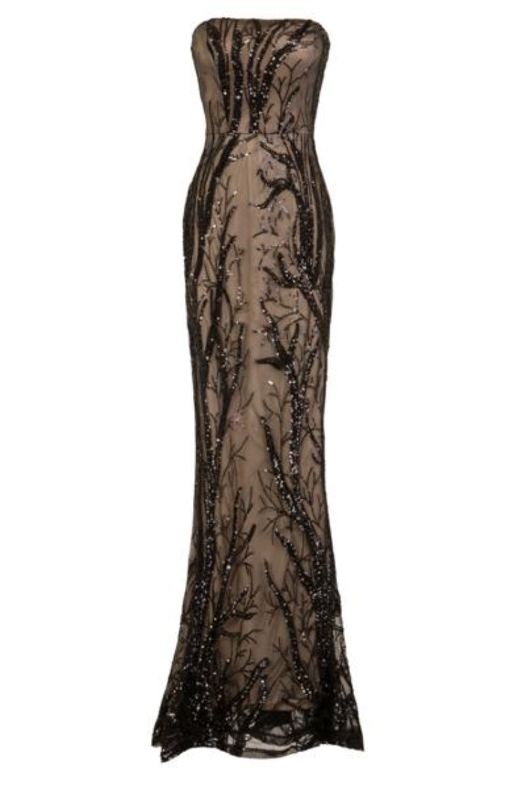 Harmony Luxe Tree Black Nude Sequin Leaf Mermaid Fishtail Dress