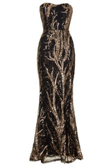 Harmony Luxe Tree Black Gold Sequin Leaf Mermaid Fishtail Dress