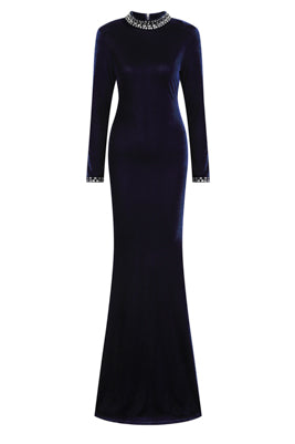 Yasmine Black Velvet Embellished Diamante Long Sleeve Maxi Dress