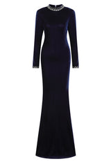 Yasmine Black Velvet Embellished Diamante Long Sleeve Maxi Dress