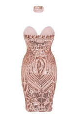 Aphrodite Rose Gold Luxe Sweetheart Plunge Sequin Embellished Midi Dress