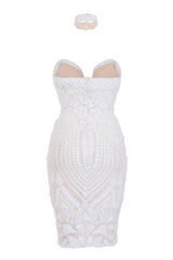 Aphrodite White Luxe Sweetheart Plunge Sequin Embellished Midi Dress