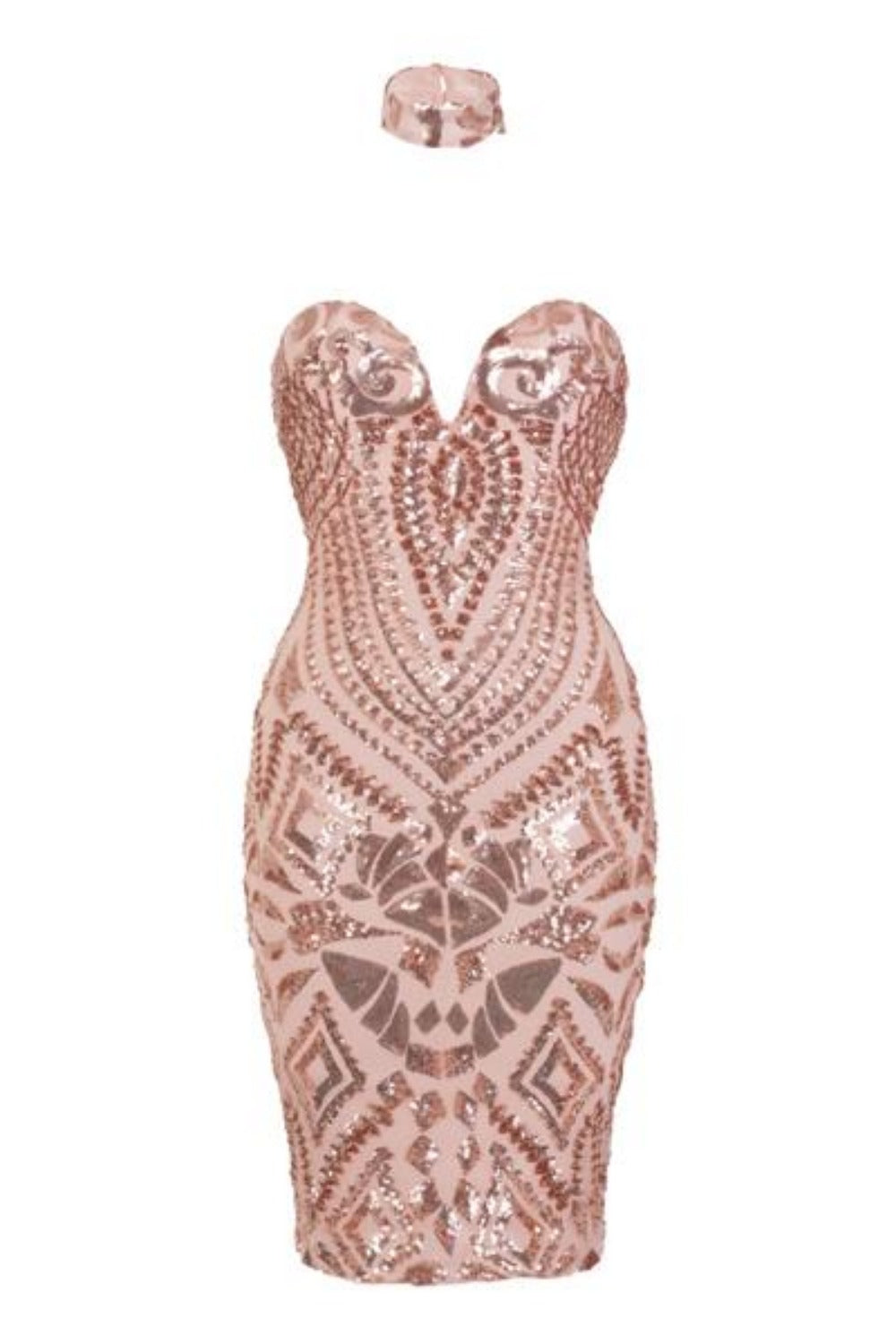 Aphrodite Rose Gold Luxe Sweetheart Plunge Sequin Embellished Midi Dress