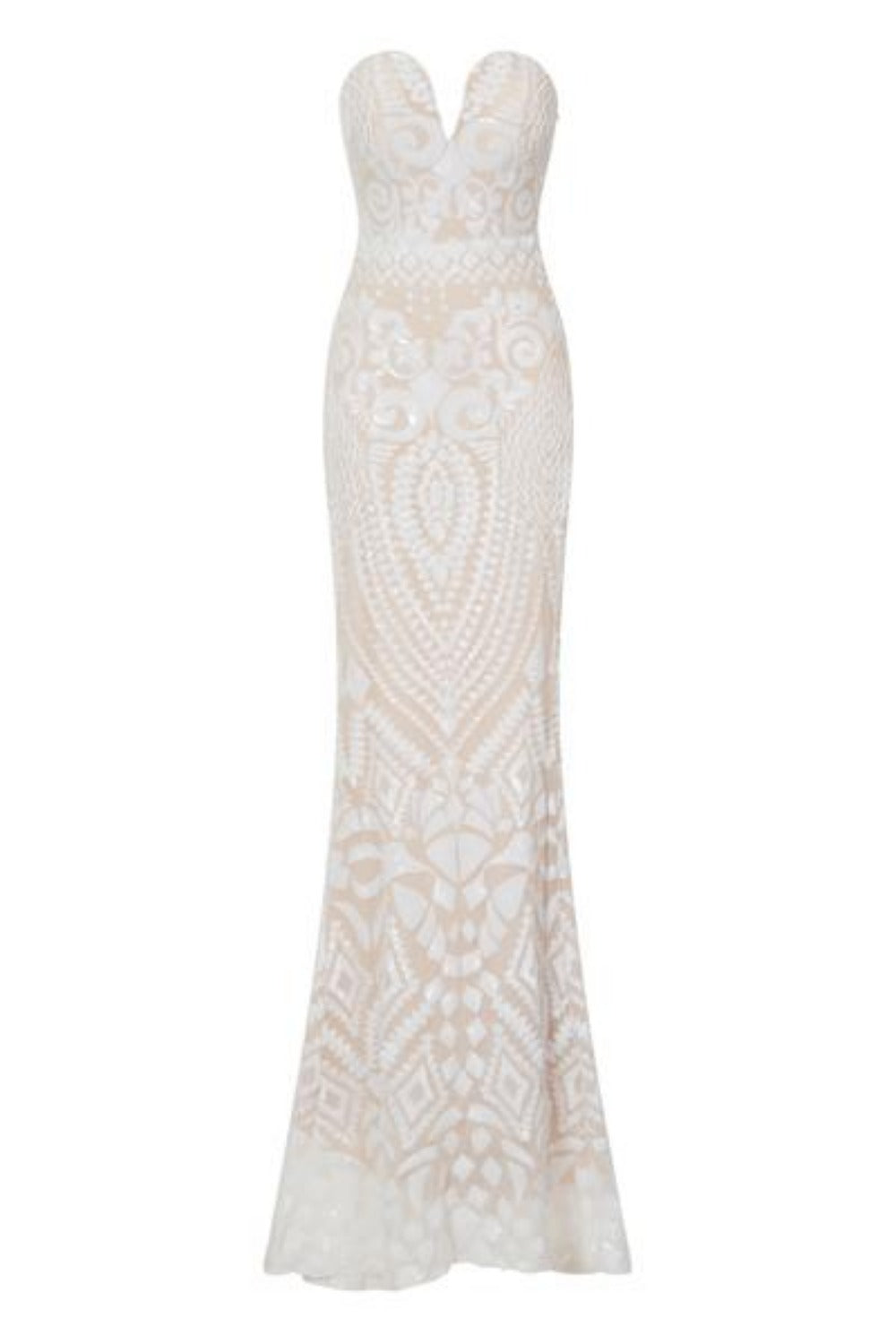 Kenza White Luxe Sweetheart Plunge Sequin Embellished Fishtail Dress