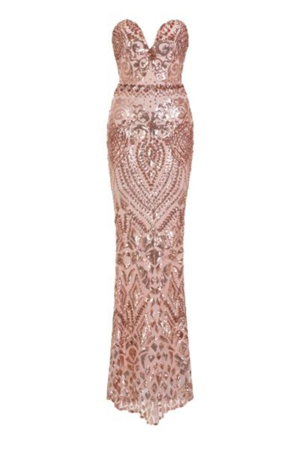 Kenza Gold Luxe Sweetheart Plunge Sequin Embellished Fishtail Dress