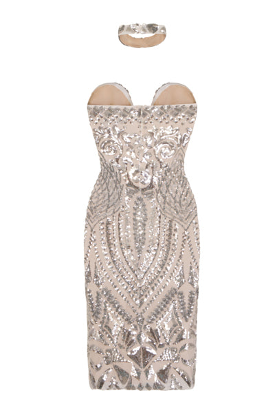 Aphrodite Silver Luxe Sweetheart Plunge Sequin Embellished Midi Dress