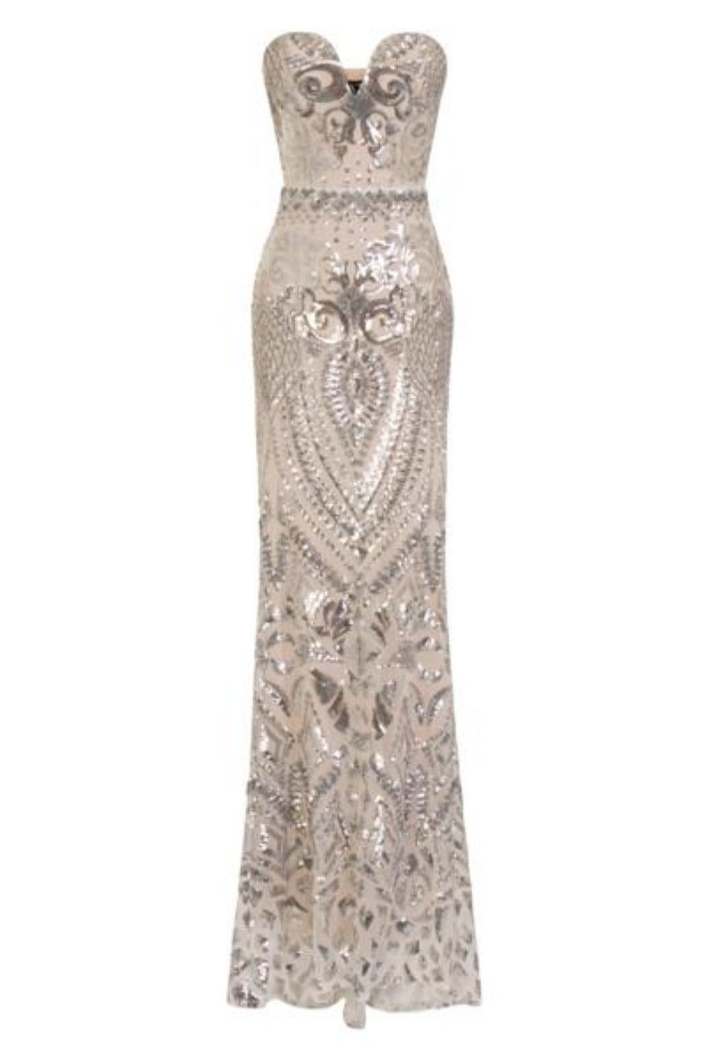 Kenza Silver Luxe Sweetheart Plunge Sequin Embellished Fishtail Dress