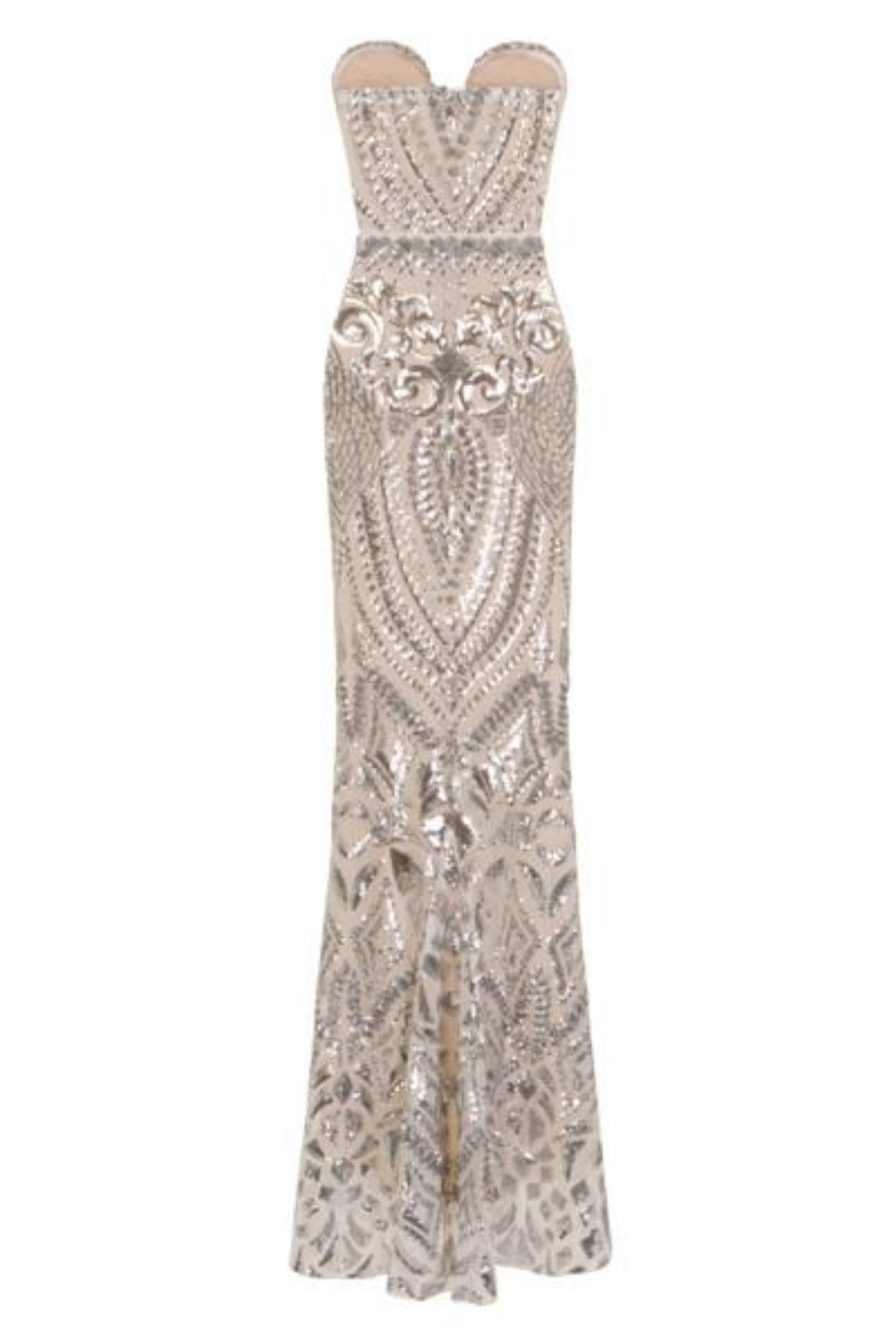 Kenza Silver Luxe Sweetheart Plunge Sequin Embellished Fishtail Dress