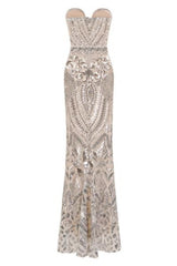 Kenza Silver Luxe Sweetheart Plunge Sequin Embellished Fishtail Dress