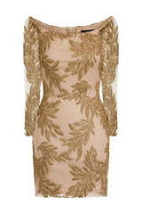 Dolly Vip Gold Hand Embellished Glittered Sequin Off The Shoulder Dress