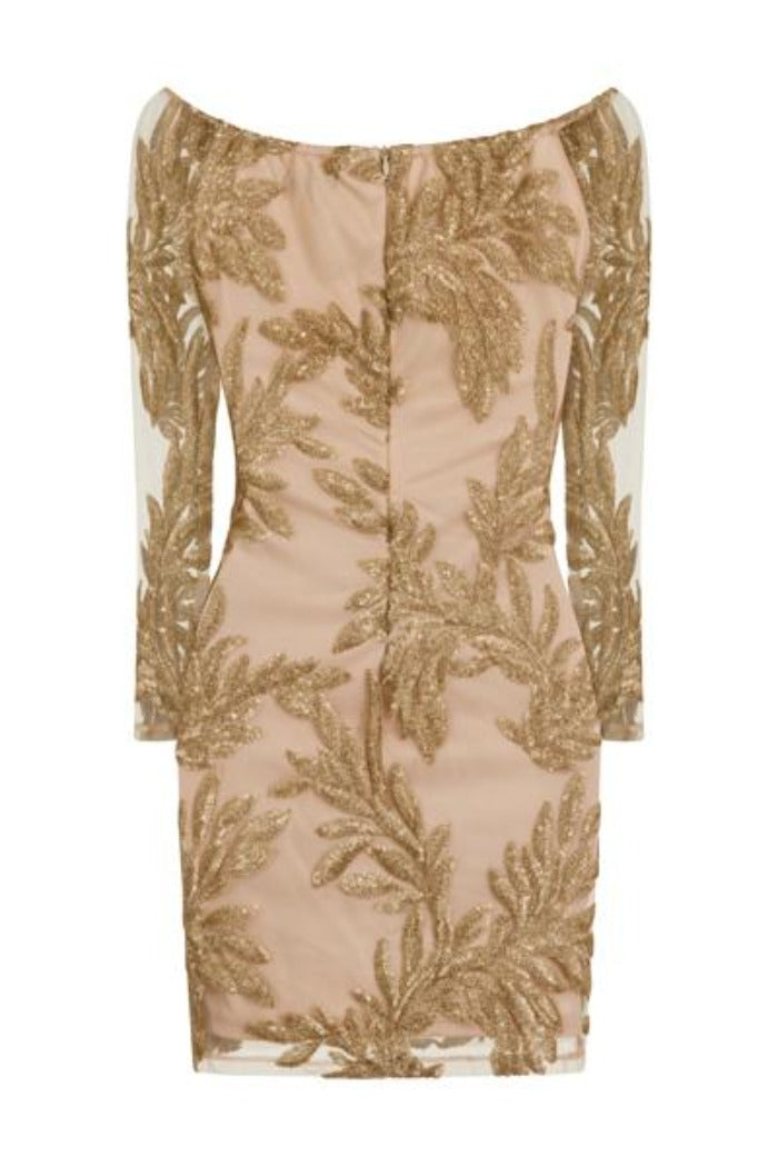Dolly Vip Gold Hand Embellished Glittered Sequin Off The Shoulder Dress