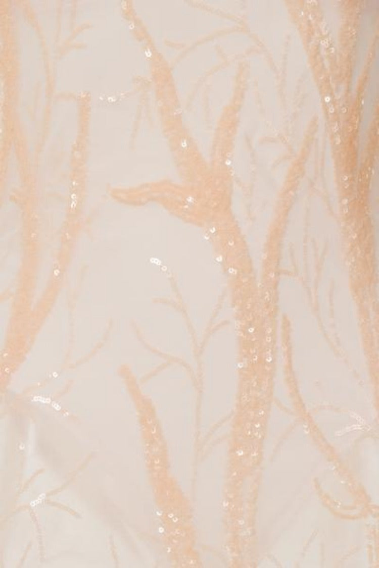 Candice Luxe Tree Peach Nude Sequin Leaf Sheer Bodysuit Midi Dress