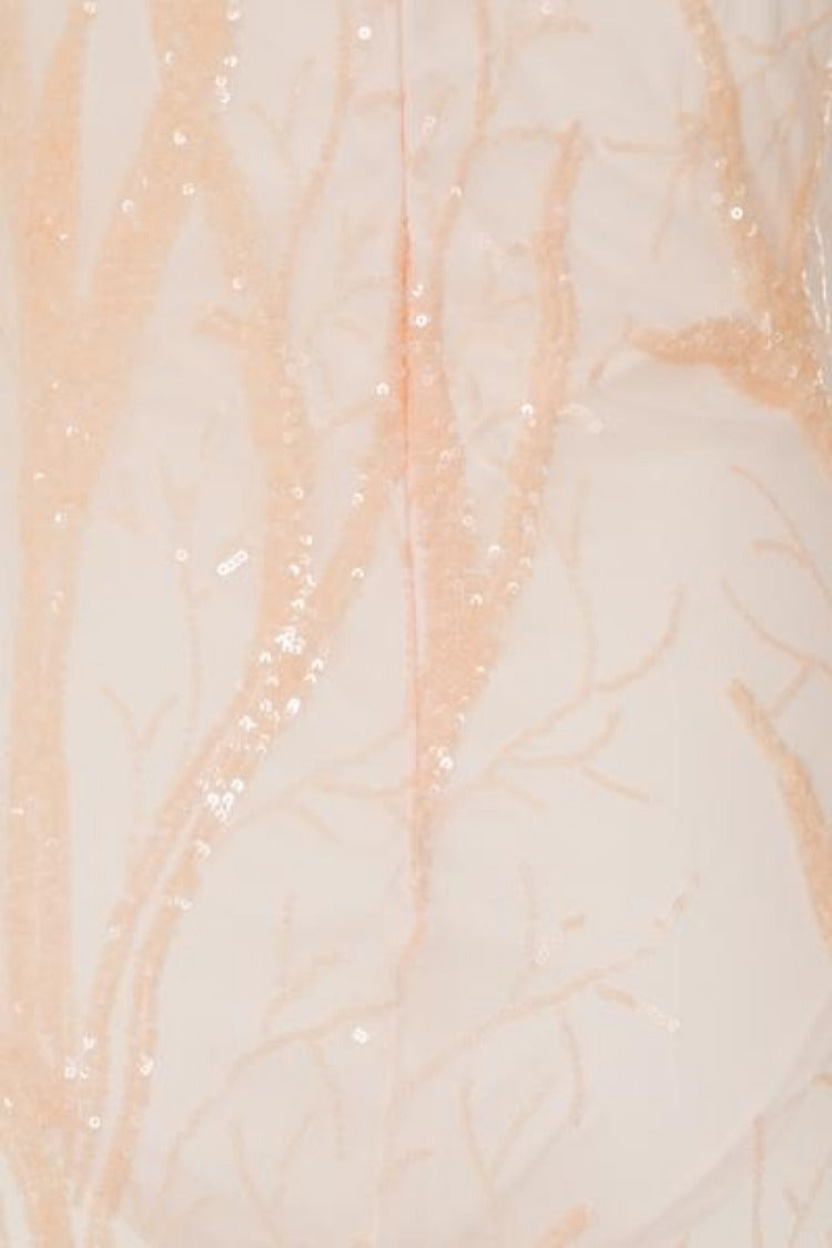 Candice Luxe Tree Peach Nude Sequin Leaf Sheer Bodysuit Midi Dress