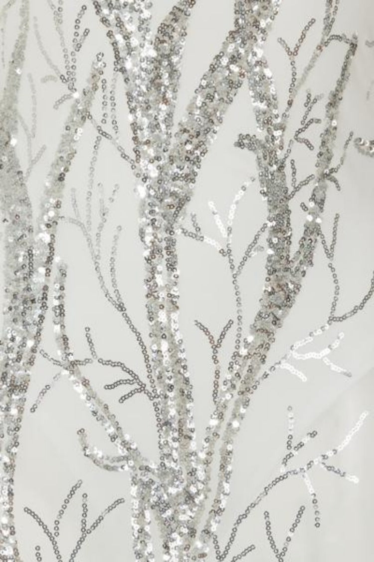 Candice Luxe Tree Silver White Sequin Leaf Sheer Bodysuit Midi Dress