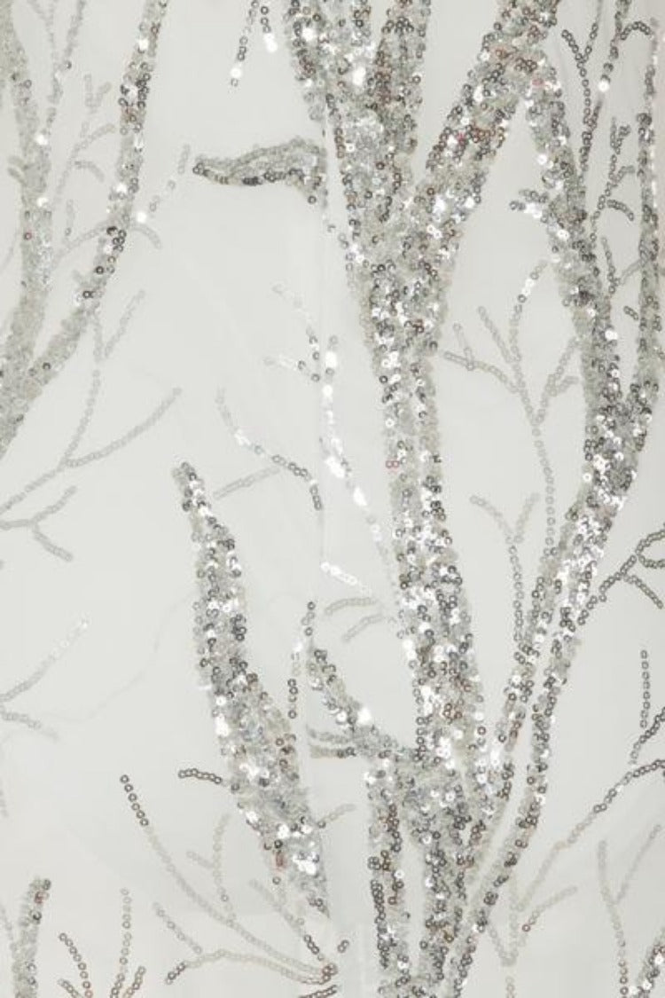 Candice Luxe Tree Silver White Sequin Leaf Sheer Bodysuit Midi Dress